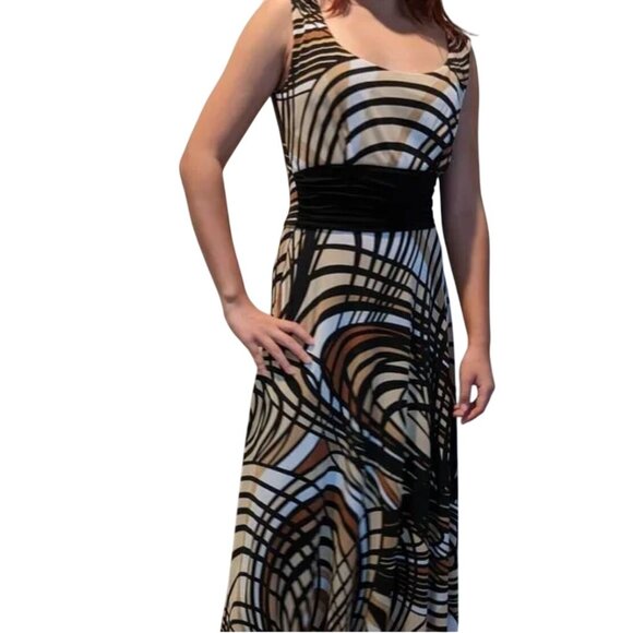 Perceptions Black Brown Abstract Print Midi Maxi Dress Size 14 Fall Sleeveless - Picture 7 of 9